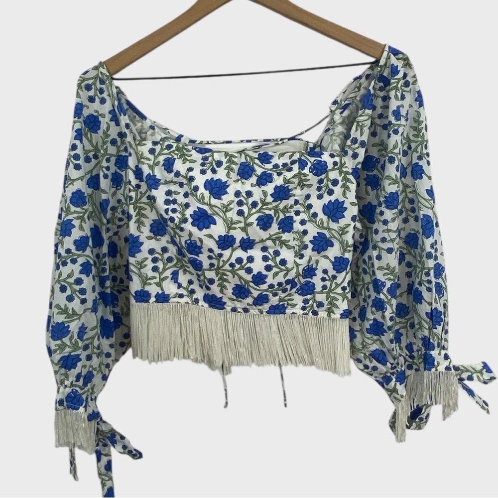 EDDY Blue White Floral Peyton Puff Sleeve Fringe Top NWT Size Small